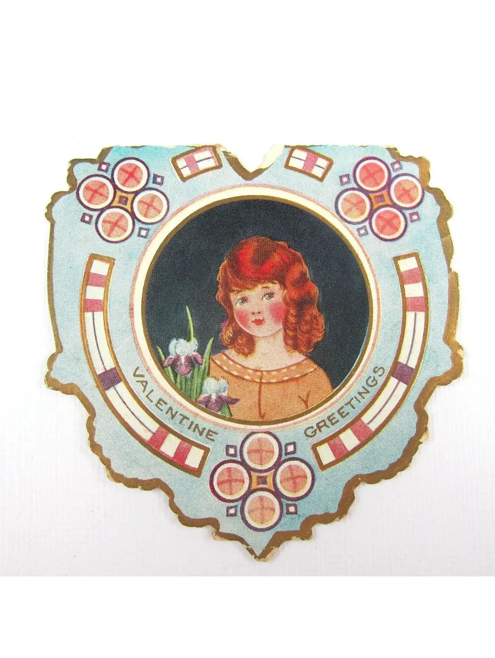 Vintage Valentine Card Die cut Redhead Girl 1920s Blue Purple Flowers Pink Gold